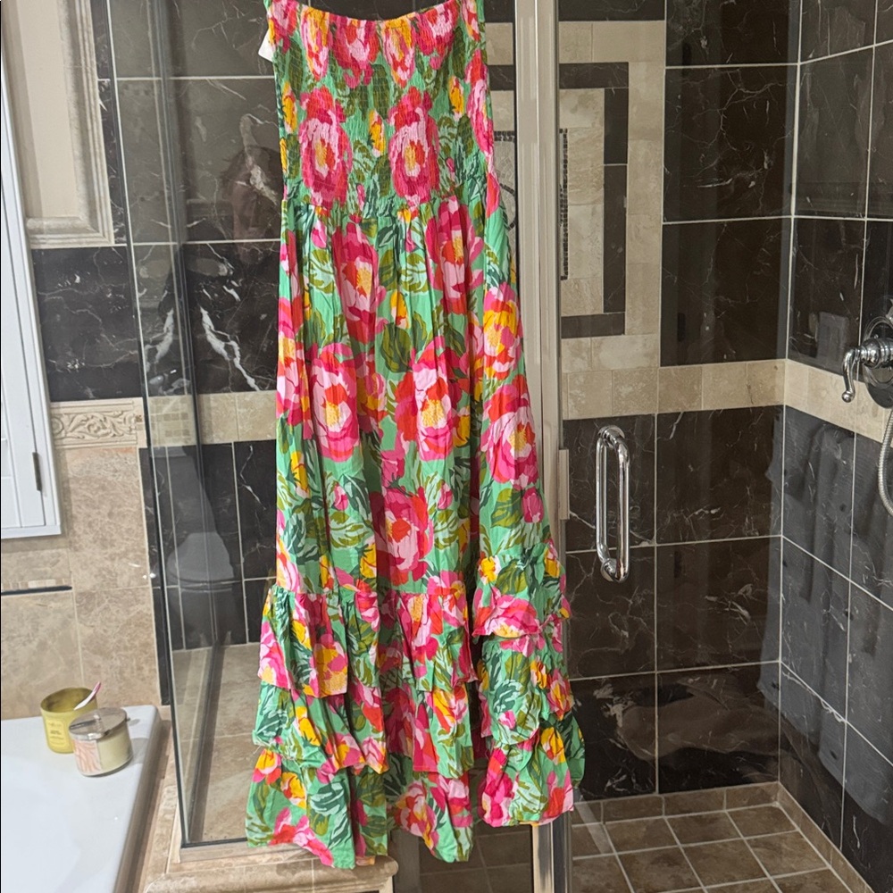 Smocked Floral Maxi Dress - Green & Pink - Picture 2 of 3